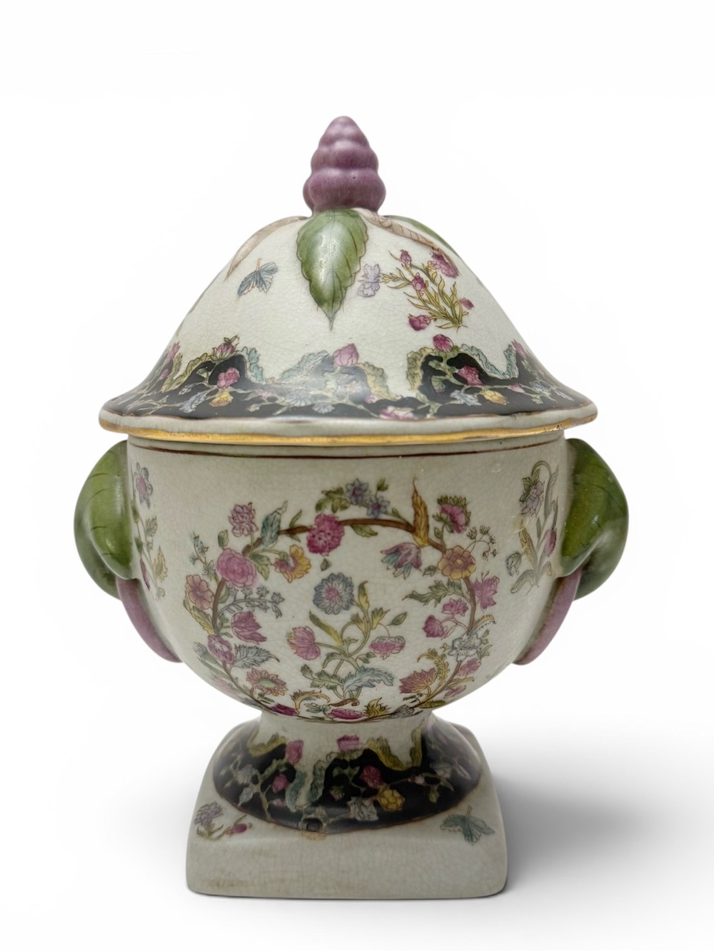 Vintage Chinese Floral Porcelain Lidded Pedestal Footed Small Urn Crackle Finish